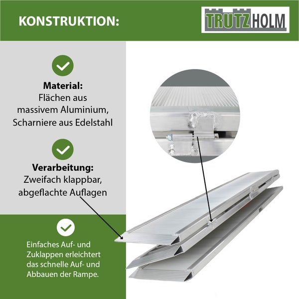TrutzHolm Logo. Auffahrrampe aus Aluminium mit Stahlscharnieren, zweifach klappbar.