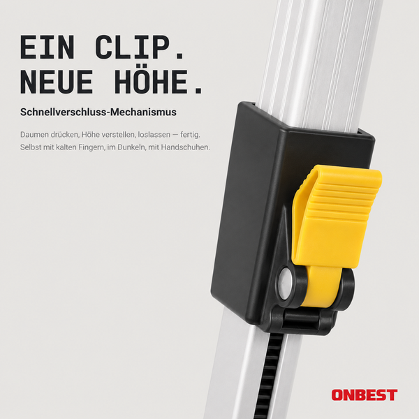 Schnellverschluss-Mechanismus an einer Teleskopstange aus Aluminium zur Höhenverstellung, ONBEST Logo.