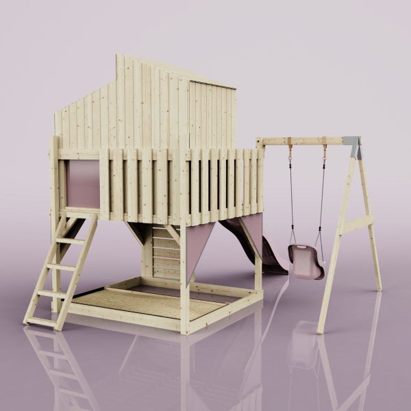 Holzspielhaus mit Rutsche und Schaukel für den Garten