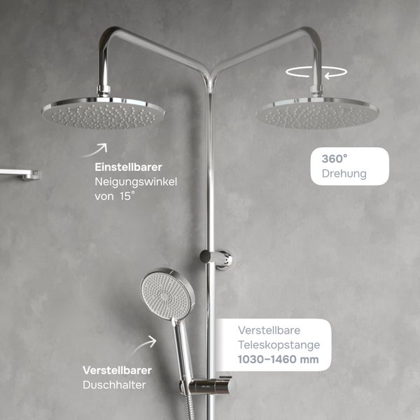 Duschsystem mit zwei Kopfbrausen, verstellbarer Teleskopstange von 1030 bis 1460 Millimeter, Handbrause und verstellbarem Duschhalter.