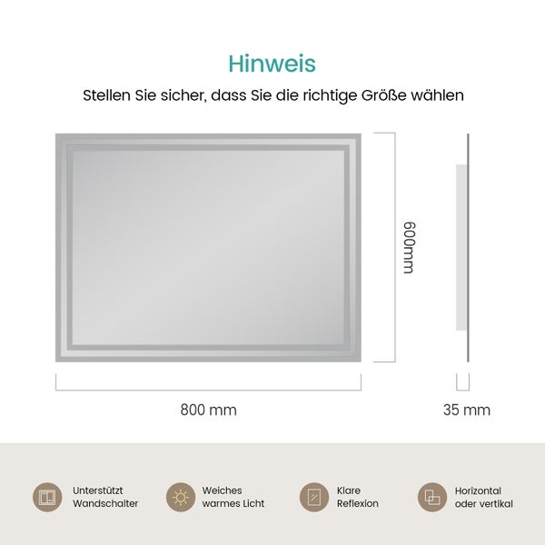 EMKE Badspiegel mit LED-Beleuchtung 80 x 60 cm, 3000K Warmweiß, Wandschalter, 4 mm rostfreier Spiegel, IP44, für Badezimmer