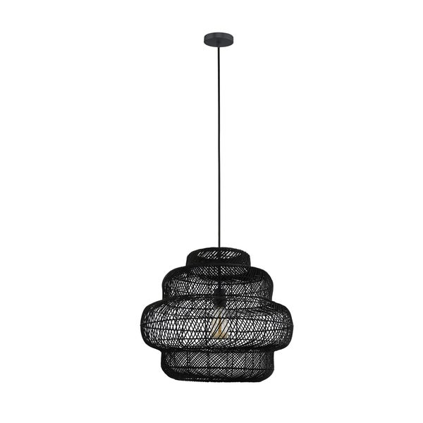 Schwarze Hängelampe mit Rattan-Schirm