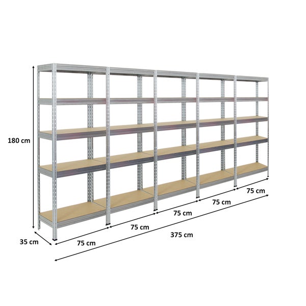 PROREGAL Mega Deal 5x Schwerlastregal Rivet HxBxT 180 x 75 x 35 cm Fachlast 150 kg Verzinkt