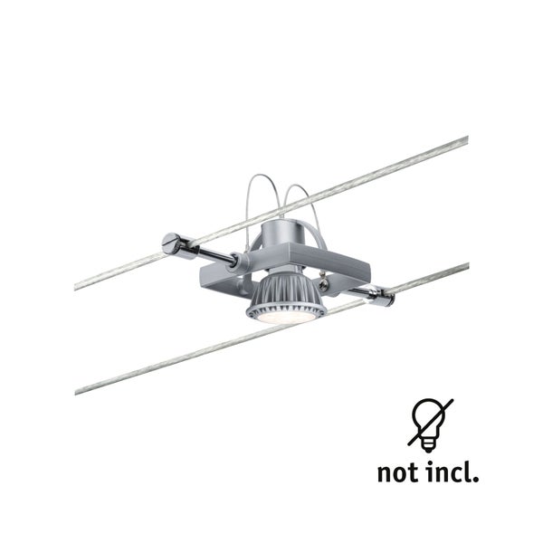 Seilsystem Spot aus Metall in Silber, montiert an zwei parallelen Seilen, Leuchtmittel nicht enthalten.
