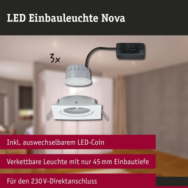 LED-Einbauleuchte Nova im Dreierset mit auswechselbarem LED-Coin, 45 Millimeter Einbautiefe und 230 Volt Direktanschluss.