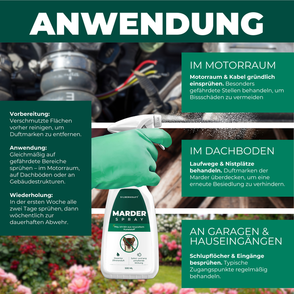 Silberkraft Marderspray 500ml, Effektiver Sofort- & Langzeitschutz gegen Marder im Auto, Dachboden & Haus, Verhindert Marderbisse an Kabeln & Schläuchen , Überdeckt Duftmarken für nachhaltige Abwehr