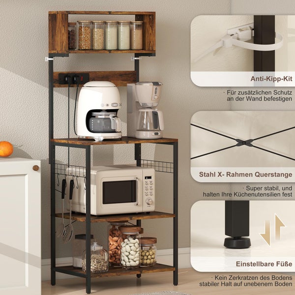 Küchenregal aus Metall und Holzoptik mit Ebenen für Mikrowelle und Kaffeemaschine, inklusive Anti-Kipp-Schutz und verstellbaren Füßen.