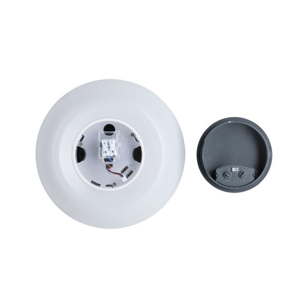 Geöffnete LED-Deckenleuchte von hinten mit sichtbarer Anschlussklemme und separatem Sensormodul mit Einstellreglern für Zeit und Lux.