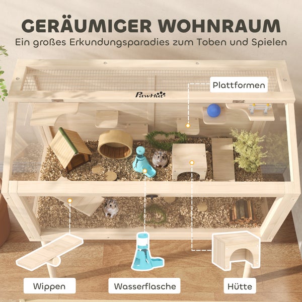 Großer PawHut Hamsterkäfig aus Holz mit mehreren Ebenen, Plattformen, Wippen, Wasserflasche und Hütte für Kleintiere.
