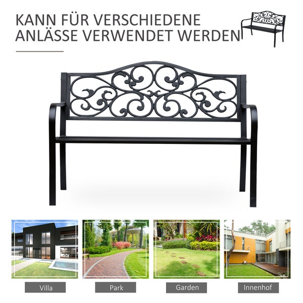 Outsunny 2-Sitzer Gartenbank Parkbank mit ausziehbarem Tisch Sitzbank Bank 240kg belastbar Terrassenbank mit Rücken- & Armlehnen Gartenmöbel für Terrasse, Garten Außenbereich 150x58,5x90 cm Schwarz