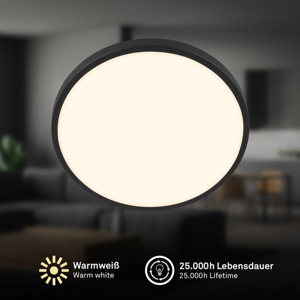 Runde Deckenleuchte mit schwarzem Rahmen, warmweißes Licht, 25.000 Stunden Lebensdauer.