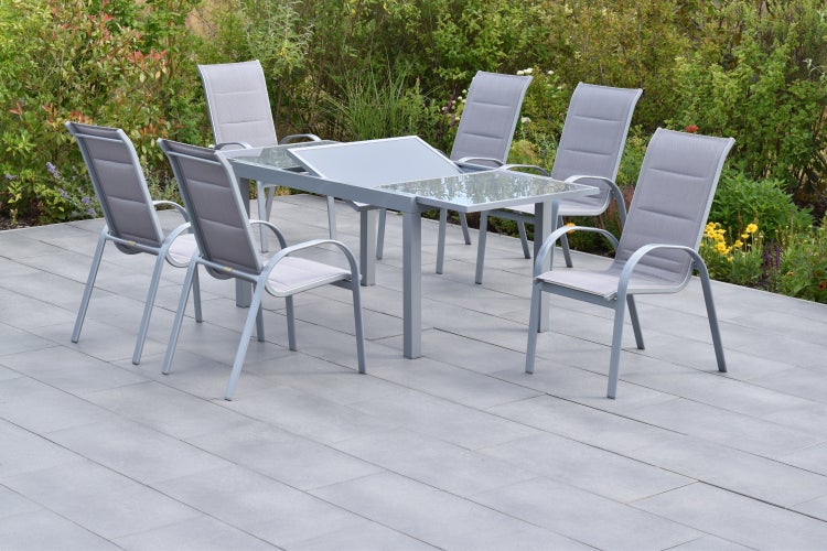 Amalfi di Lusso Set 7tlg.,  6 Stapelsessel, Ausziehtisch 160 (220) x 90 cm, silber/diamantbraun