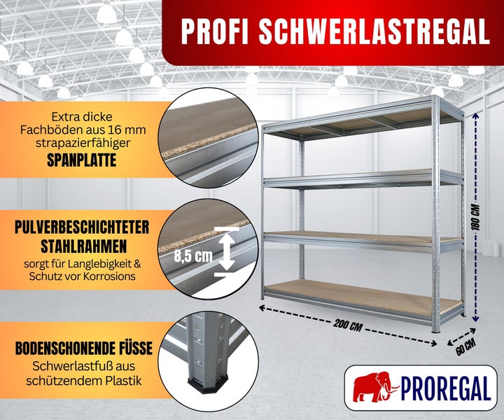 Pulverbeschichtetes Proregal Schwerlastregal, 16 Millimeter Spanplattenböden, 180 mal 200 mal 60 Zentimeter, Kunststofffüße, Proregal Logo.