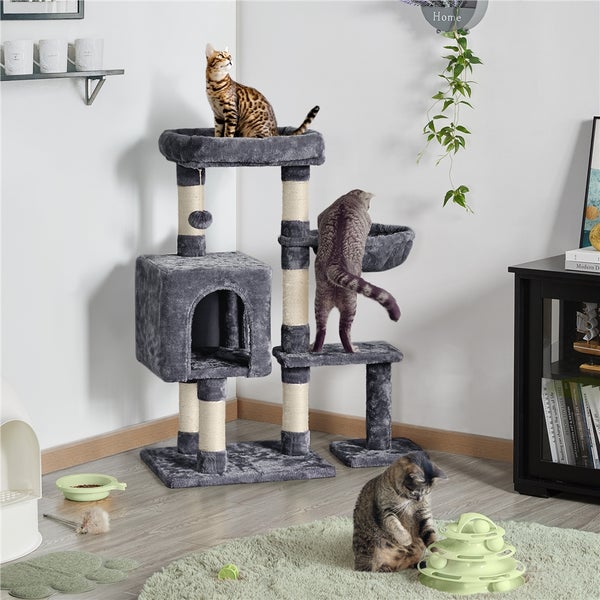 Katzenkratzbaum mit mehreren Katzen