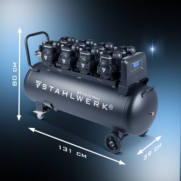 Stahlwerk ST-1510 Pro Kompressor mit den Maßen 131 cm Länge, 80 cm Höhe und 39 cm Breite