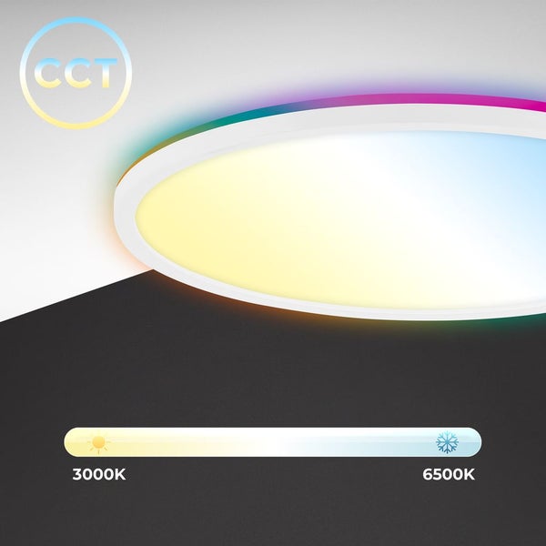 LED Deckenleuchte mit einstellbarer Farbtemperatur von 3000 Kelvin bis 6500 Kelvin und farbiger Hintergrundbeleuchtung.