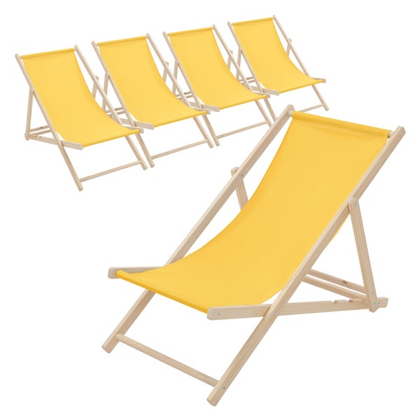 Fünf klappbare Liegestühle aus Holz mit gelbem Stoffbezug.