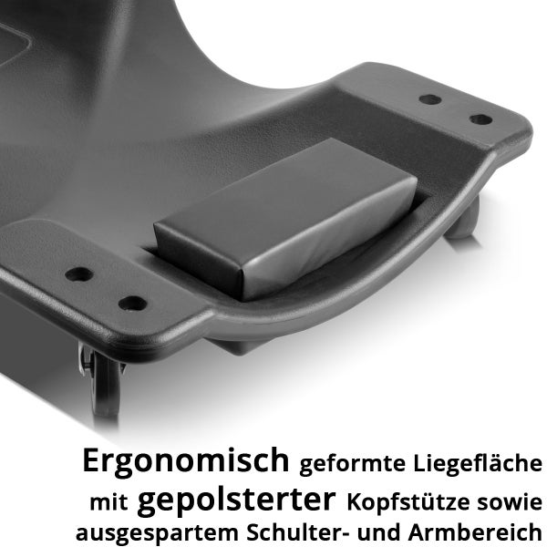 Werkstattliege mit geformter Liegefläche und gepolsterter Kopfstütze