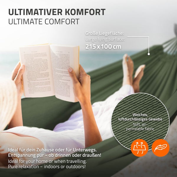 ML-Design Doppel Hängematte mit Stahlgestell, Khaki, Platz für 2 Personen, Indoor & Outdoor, XXL Hängesessel mit Tragetasche, Hängemattengestell, Doppelhängematte mit Ständer, für Garten & Balkon