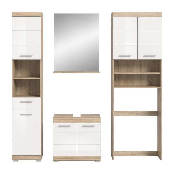 Badezimmermöbel Set in Eicheoptik mit Fronten in Weiß bestehend aus Hochschrank Spiegel Waschbeckenunterschrank und Überbauschrank