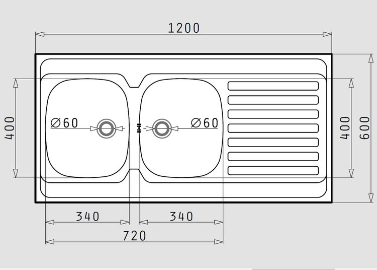 Technische Zeichnung einer Spüle mit den Maßen 1200 x 600 mm
