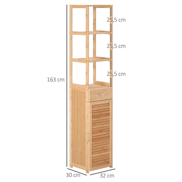 kleankin Badezimmerschrank Badschrank Aufbewahrungsschrank mit Schublade, drei Ablagen, offenes Fach, Bambus, Schrank Hochschrank für Badezimmer und Wohnzimmer, 32 x 30 x 163 cm Naturholz