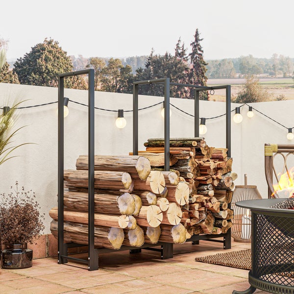 Outsunny Kaminholzregal, mit zwei Abschnitte, drei Haken, für Outdoor, Indoor, bis 200 kg, 123 x 32 x 115 cm, Stahl, Schwarz