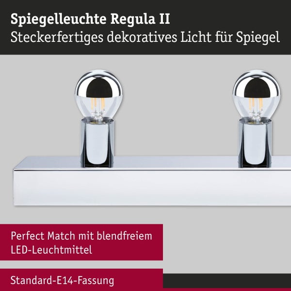 Spiegelleuchte Regula II aus Chrom mit zwei E14 Fassungen inklusive kopfverspiegelten LED Leuchtmitteln für blendfreies Licht am Spiegel.
