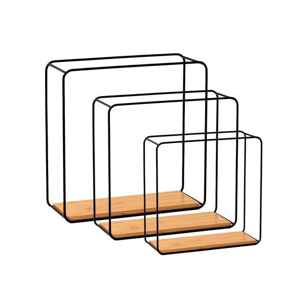 Dreiteiliges Wandregal-Set aus schwarzem Metall und hellem Holz in verschiedenen Größen.