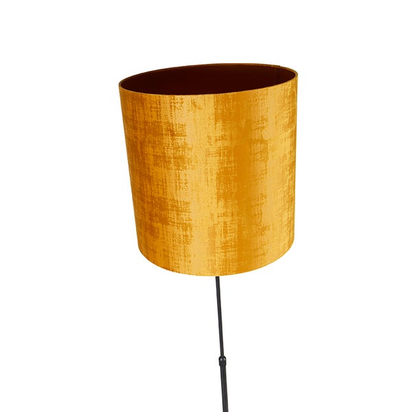 Zylindrischer Lampenschirm aus strukturiertem Textil in Ocker mit schwarzem Standrohr.