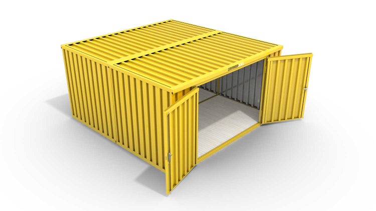 Lagercontainer Gerätehaus L2  – 16 qm, H2150 x B4050 x T4340 mm, Außenwandlackierung RAL 1003 signalgelb, Dach außen verzinkt, mit Holzfußboden, 2750 mm Doppelflügeltür mittig in Stirnseite, montiert