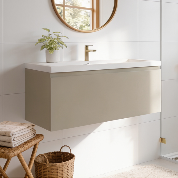 Moderner Waschtisch mit Waschbecken in hellem Badezimmer mit rundem Spiegel, Armatur und Korb als Aufbewahrung.