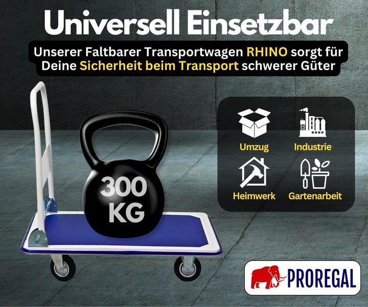 PROREGAL Faltbarer Transportwagen RHINO HxBxT 87 x 90 x 60 cm Tragkraft 300 kg TPE-Bereifung Rad-Ø 12,7 cm Blau-Grau