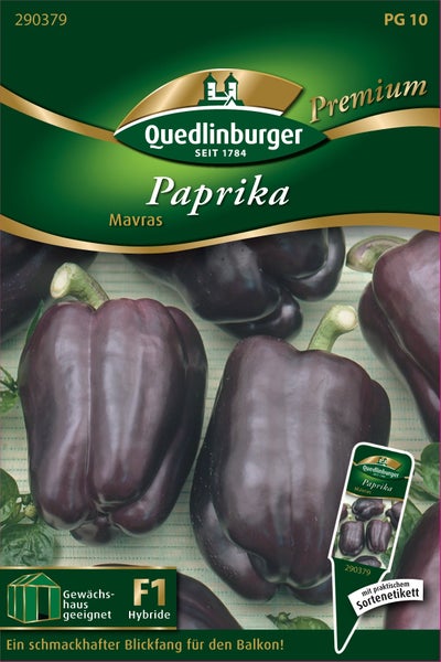 Samentüte für Paprika Mavras von Quedlinburger Logo. F1-Hybride, geeignet für Gewächshaus und Balkon, inklusive Sortenetikett.