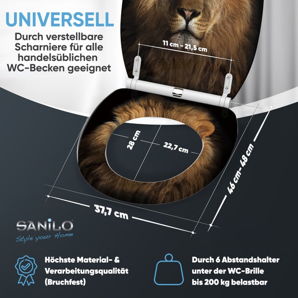 WC-Sitz mit Löwen-Motiv. Maße: Breite 37,7 Zentimeter, Länge 46 bis 48 Zentimeter. Universell durch verstellbare Scharniere. Sanilo Logo.