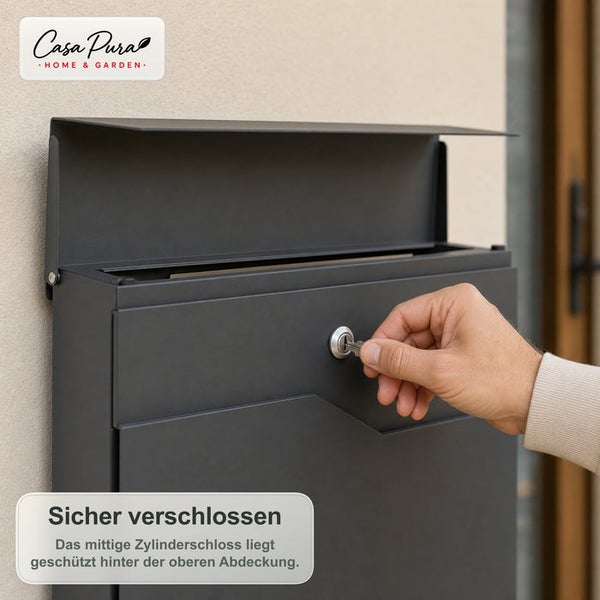 Wandbriefkasten aus Metall mit Zylinderschloss und Schutzabdeckung sowie Casa Pura Logo
