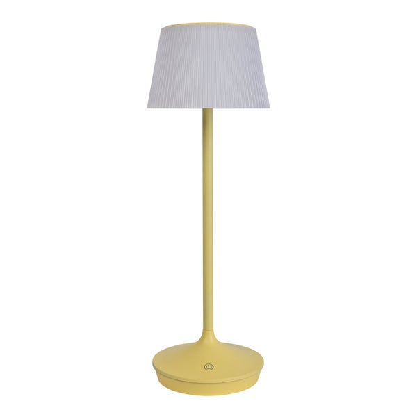Solar-Akkutischleuchte EMMI  38 cm hoch, Schirm Ø 13 cm, Metall in Gelb und weißer Kunststoff, für den Außenbereich, dimmbar CCT.