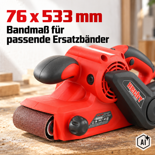 Hecht Bandschleifer mit 200 Zentimeter Netzkabel inklusive Knickschutz am Handgriff auf einer Werkbank.