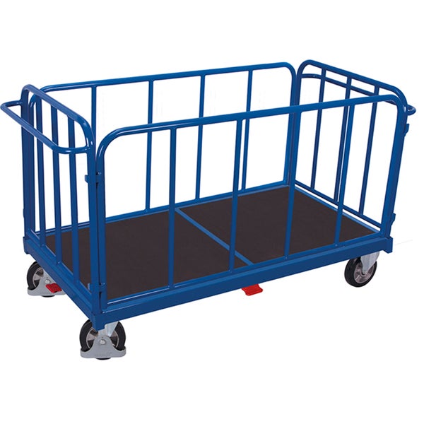 Blauer Paketwagen aus Metall mit Holzboden und vier Rollen.