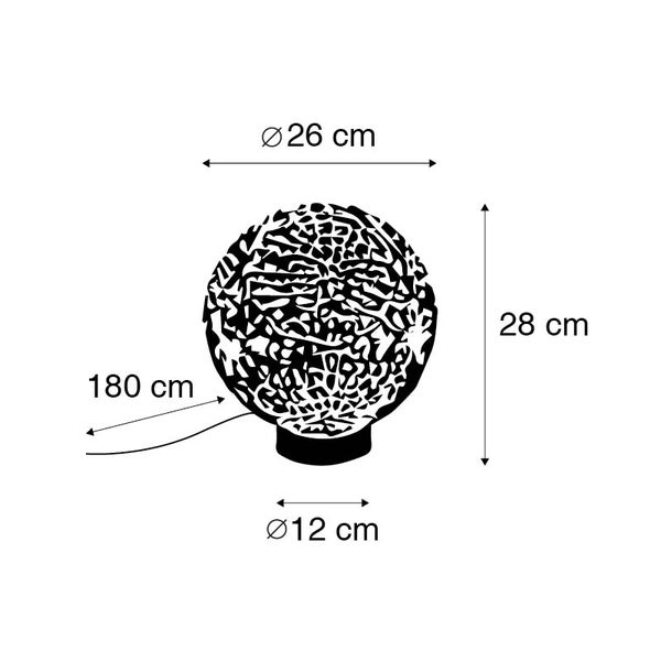 Abbildung einer Tischleuchte mit den Maßen 26 x 28 cm und einem Kabellänge von 180 cm