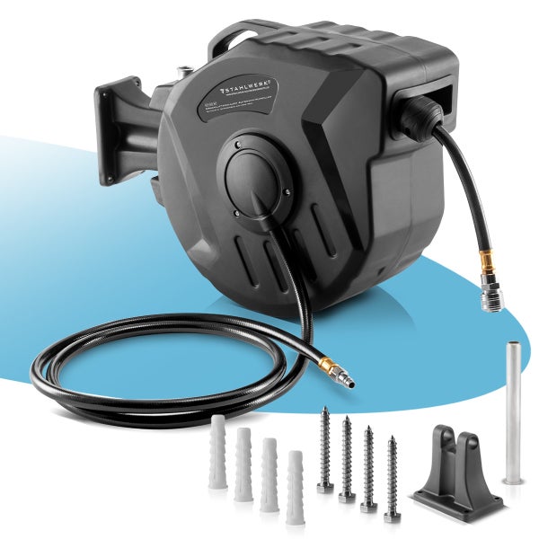 Druckluftschlauchaufroller mit Schlauch, Dübeln und Schrauben