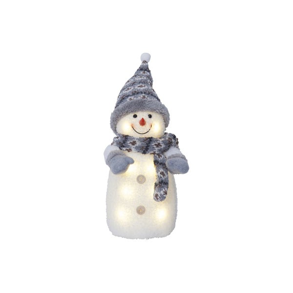 Dekorativer Schneemann mit Mütze und Schal, beleuchtet