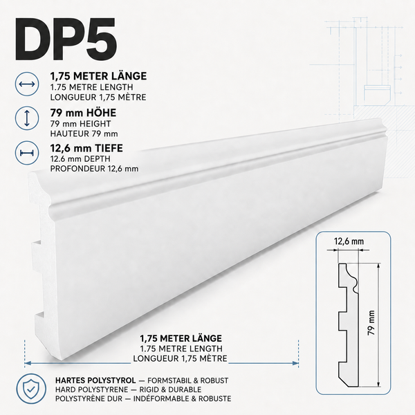Fußleiste DP5 aus hartem Polystyrol, 1,75 Meter Länge, 79 Millimeter Höhe und 12,6 Millimeter Tiefe mit technischer Zeichnung.