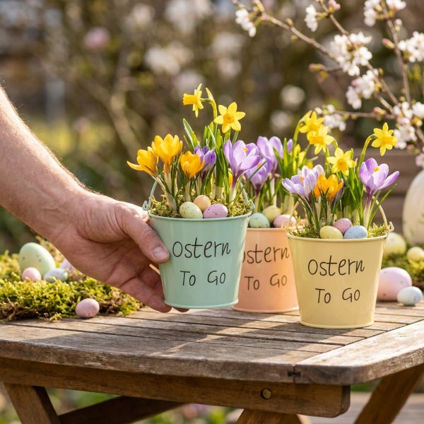 Hand hält einen Metalltopf mit Frühlingsblumen und Ostereiern und der Aufschrift Ostern To Go auf einem Holztisch.