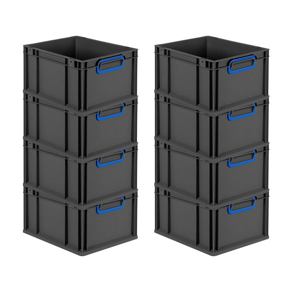 PROREGAL SuperSparSet 8x Eurobox NextGen Color, HxBxT 22x30x40cm, 20 Liter, Griffe blau geschlossen, Schwarz, Eurobehälter, Transportbox, Transportbehälter, Stapelbehälter