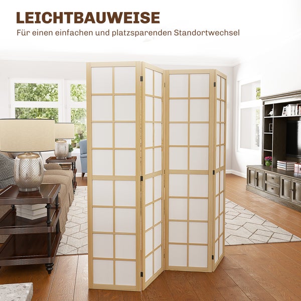 HOMCOM Paravent 4-teilig 160 x 170 cm Trennwand Raumteiler, Faltbar Raumtrenner Sichtschutz Stellwand für Wohnzimmer Natur