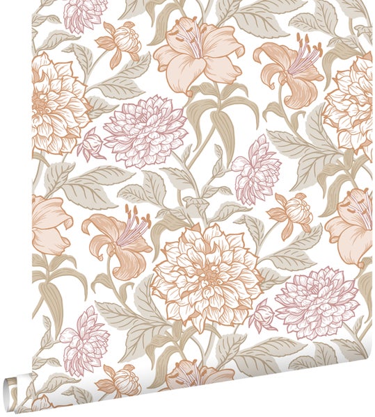 ESTAhome Tapete Blumenmuster Terrakotta und Graugrün - 53 cm x 10.05 m - 139612