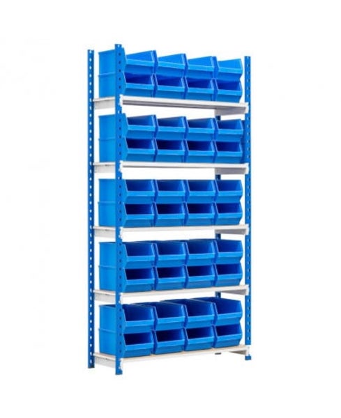 PROREGAL Fachbodenregal MAXIMUS mit 40x Sichtlagerboxen à 10,7L Fachlast 130kg Grundregal HxBxT 200x100x34cm 5 Ebenen Lichtblau/Lichtgrau