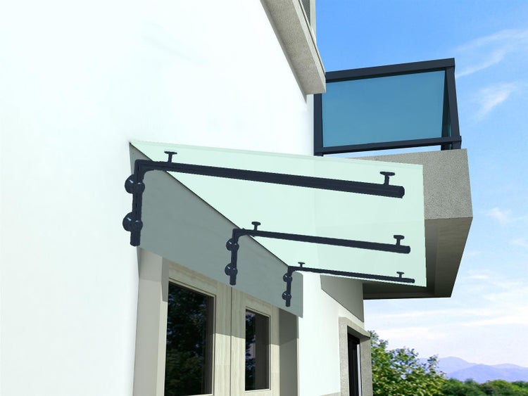 BuyLando (3L) 250x90 cm Milchglas Glasvordach inkl. Edelstahlhalter RAL 7016
