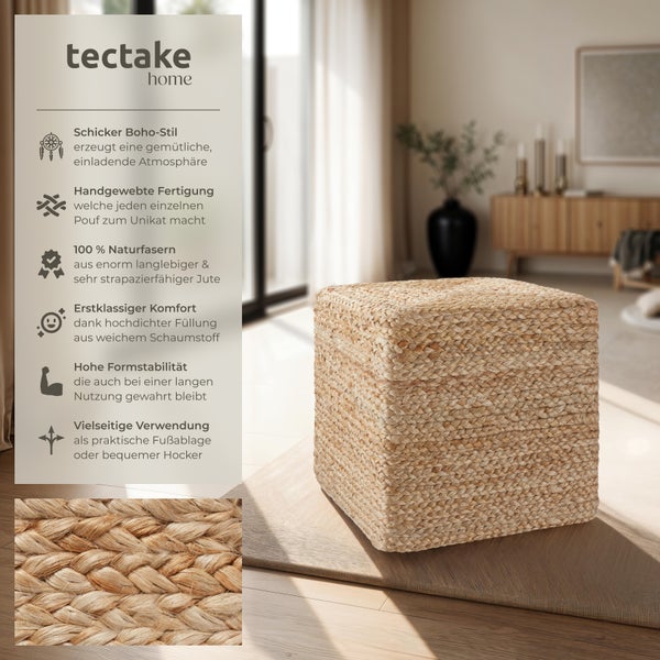 Handgefertigter Pouf tectake Banno Cube 40 x 40 x 41 cm, Belastbarkeit 150 kg Boho-Stil beige